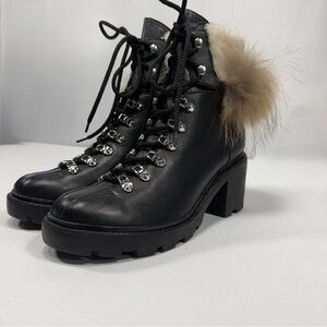 Fur Trim Hiker Sigerson Morrison Black Leather Lace Up Block Heel Boot Size 40.5